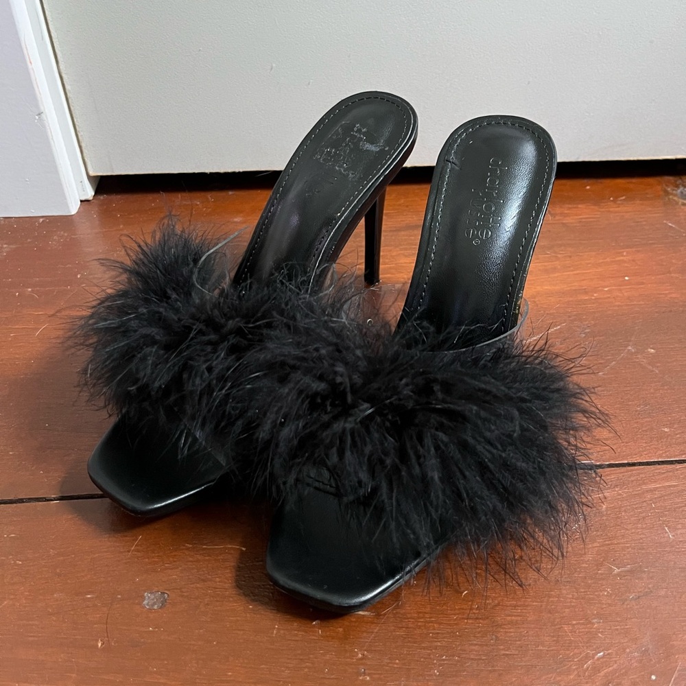 Black feather heels